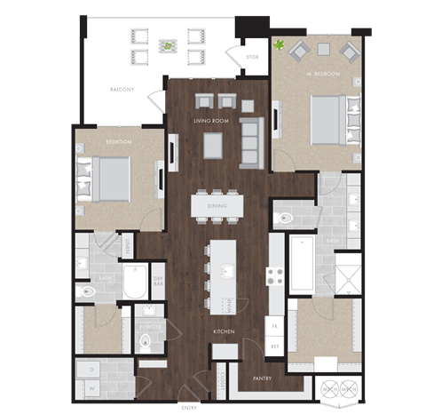 Floor plan for 2 beds, 2.5 baths, 1728 sqft